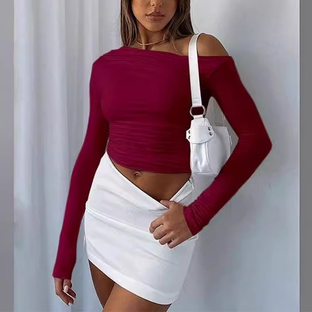 Fashion Women's Solid Color Oblique Shoulder Long Sleeve Pleated Short Length Wholesale Supply slash neck T-Shirt