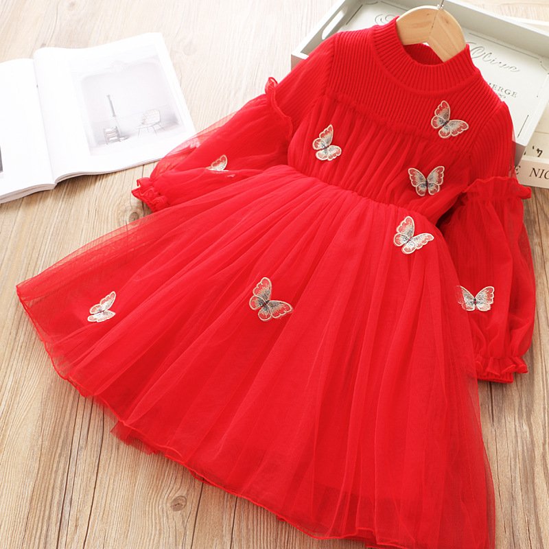 2021 Autumn Winter Elegant Girls Clothing Mesh Long Sleeve Ribbed Knit Dress Girl Princess