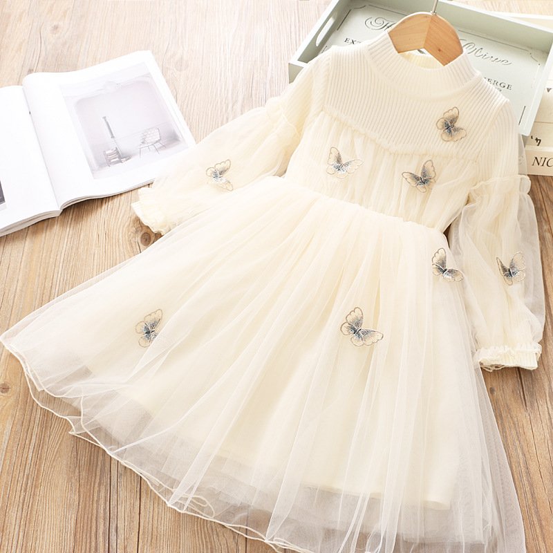 2021 Autumn Winter Elegant Girls Clothing Mesh Long Sleeve Ribbed Knit Dress Girl Princess
