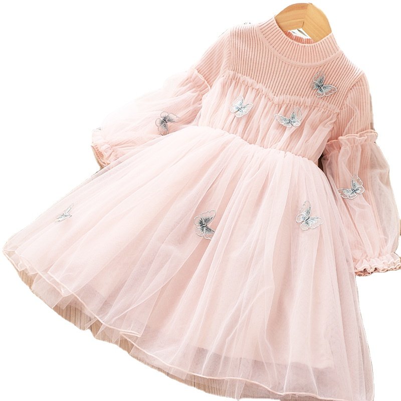 2021 Autumn Winter Elegant Girls Clothing Mesh Long Sleeve Ribbed Knit Dress Girl Princess