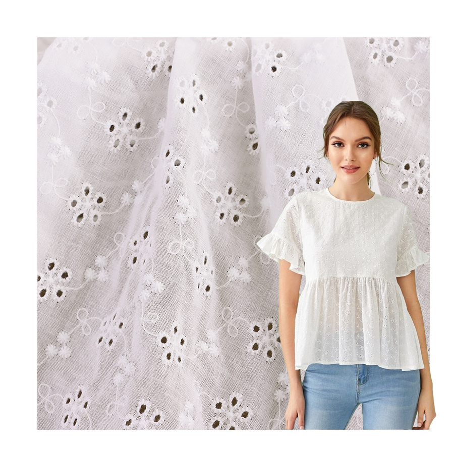 Custom Pattern 100 Cotton Solid Knitted Jacquard Fabric Floral Embroidery Fabric Eyelet Fabric Cotton For Shirt