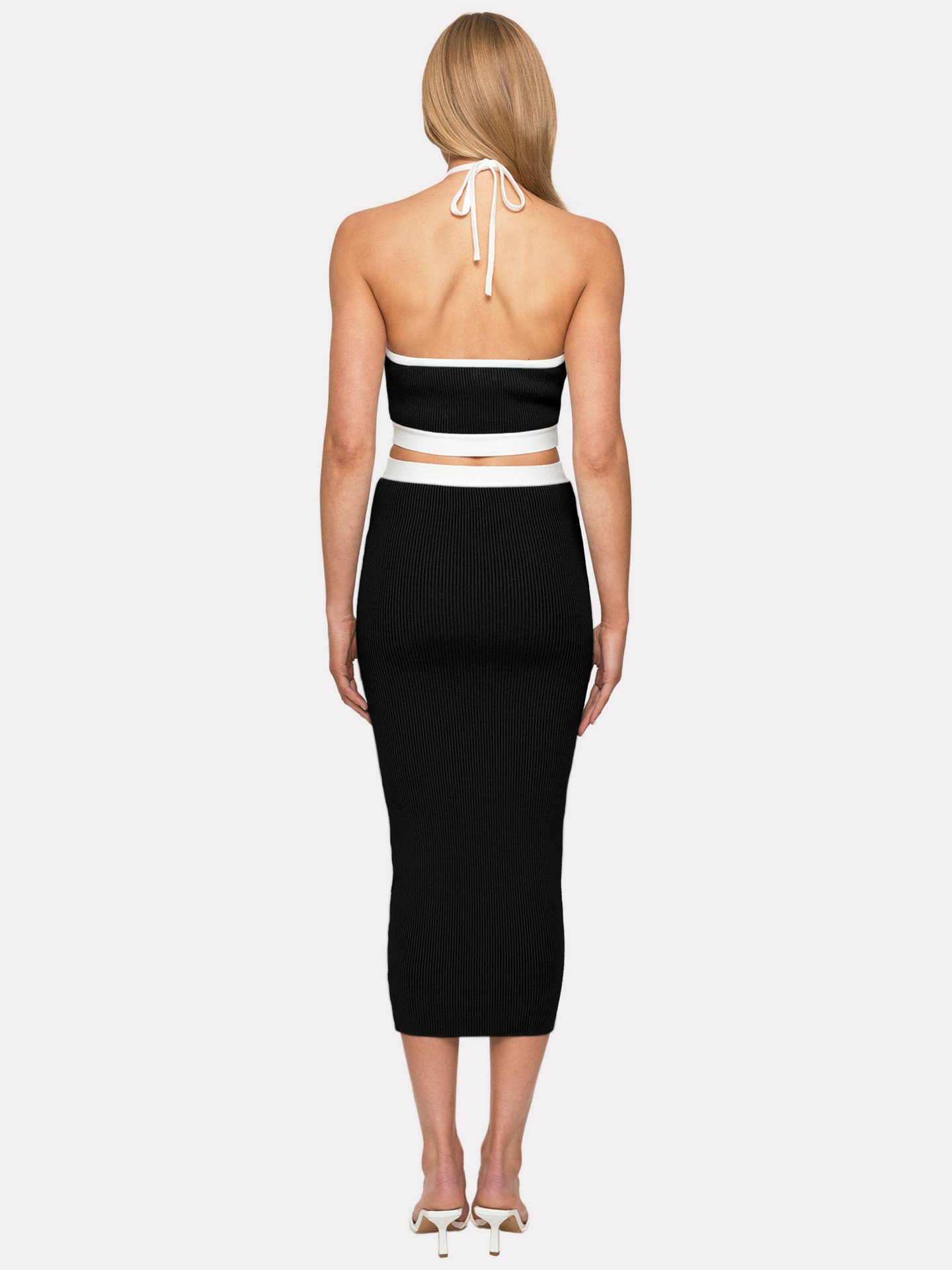 Halter Strapless Black Dress Contrasting Sexy Cut Out Waist Ribbed Knit Ladies Midi Dress