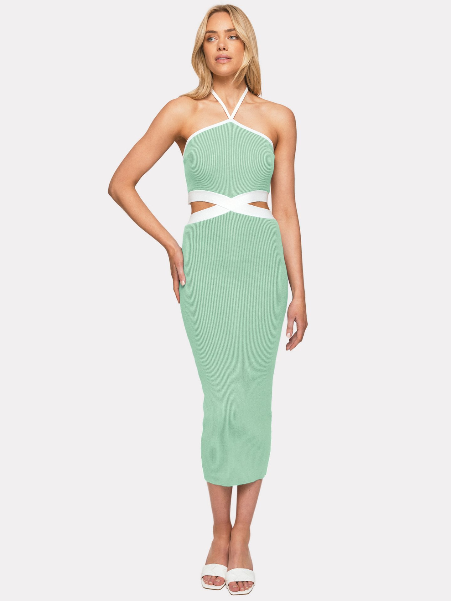 Halter Strapless Black Dress Contrasting Sexy Cut Out Waist Ribbed Knit Ladies Midi Dress