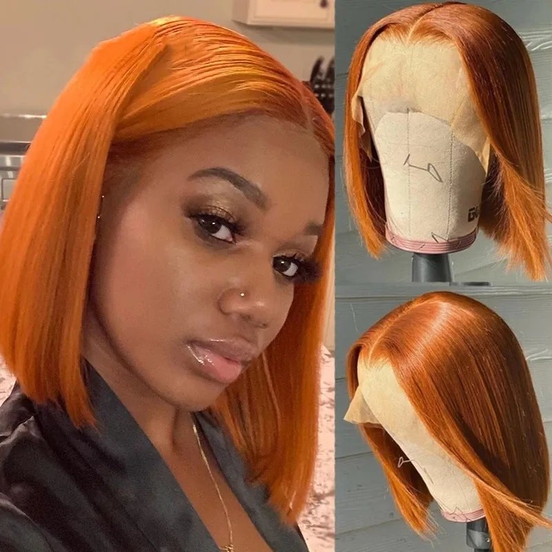 Short Bob Wig Orange Ginger Lace Front Wigs For Black Women Brazilian Human Hair Colored Wig Bob