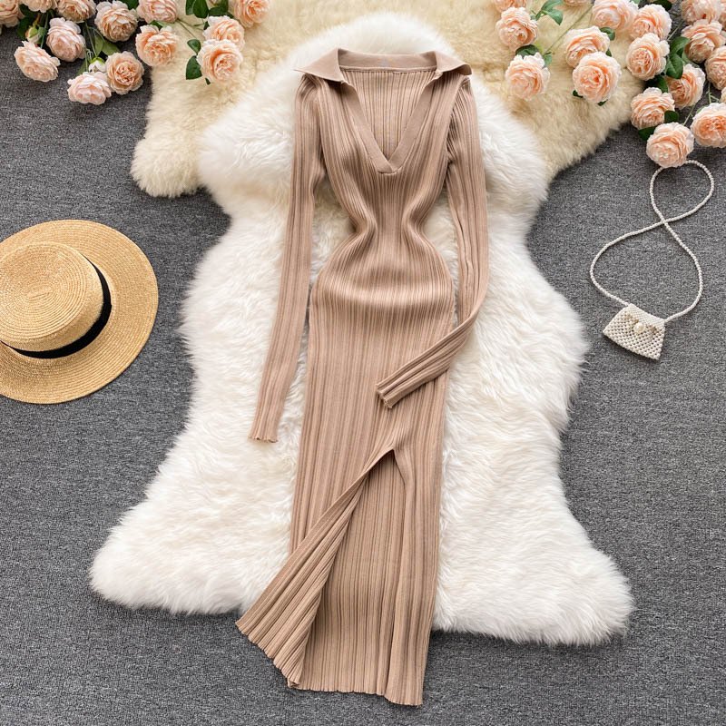 split wrap knee length V-Neck casual elegant autumn ribbed pullover warm custom OEM women casual long knitted sweater dresses