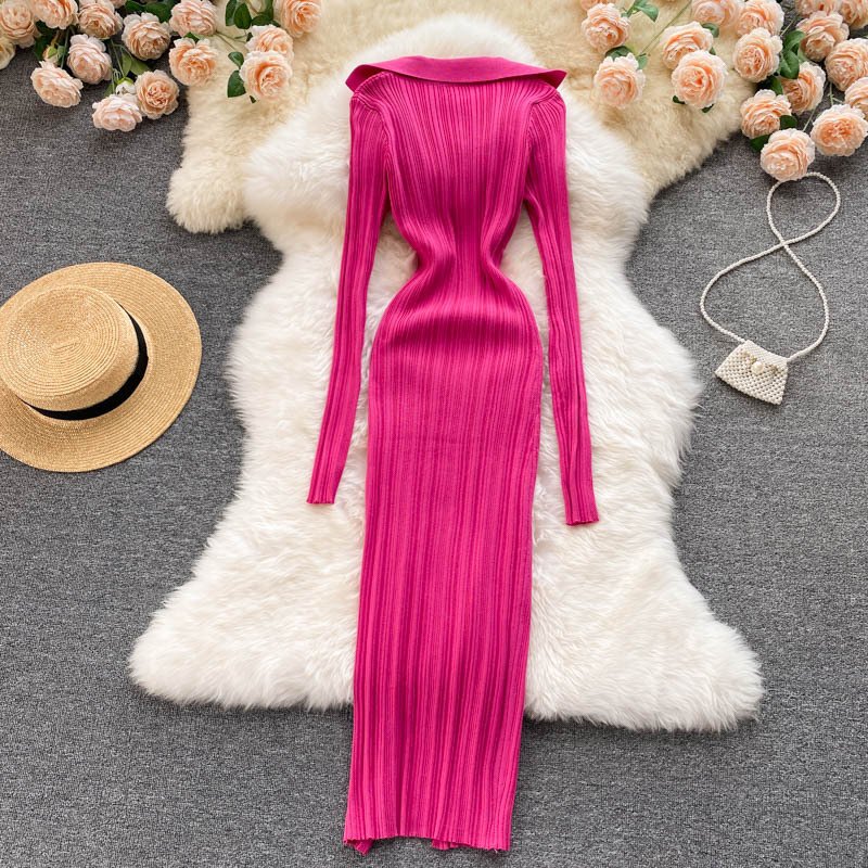 split wrap knee length V-Neck casual elegant autumn ribbed pullover warm custom OEM women casual long knitted sweater dresses