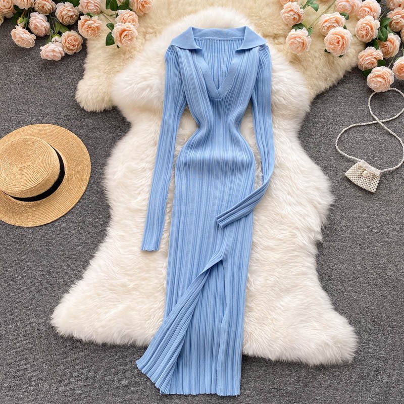 split wrap knee length V-Neck casual elegant autumn ribbed pullover warm custom OEM women casual long knitted sweater dresses