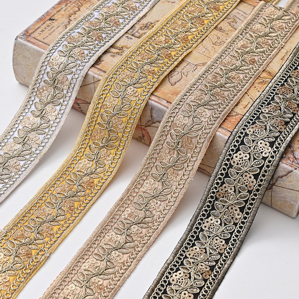 Wholesale Golden 4.2cm Ethnic Lace 100%Polyester Sequins Embroidery Curtain Lace Decorative Lace For Women's Dresses