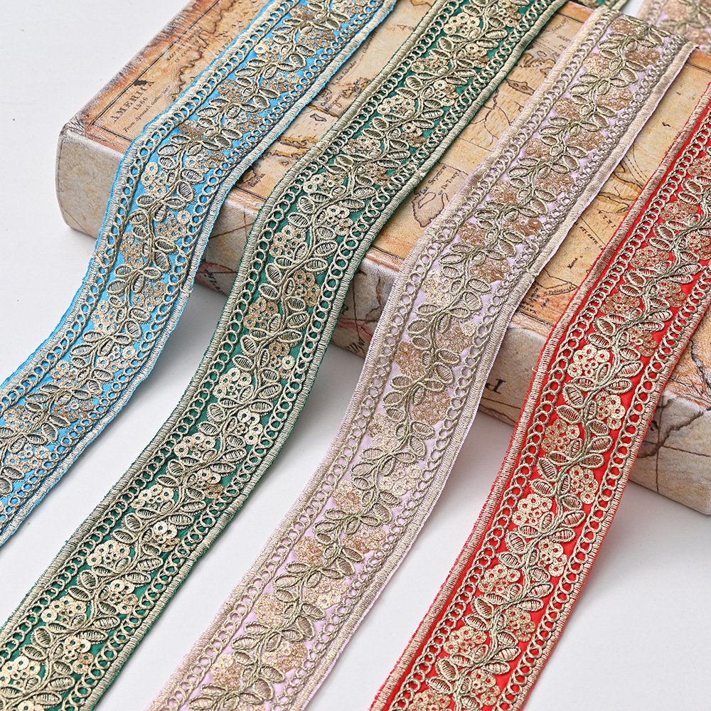 Wholesale Golden 4.2cm Ethnic Lace 100%Polyester Sequins Embroidery Curtain Lace Decorative Lace For Women's Dresses