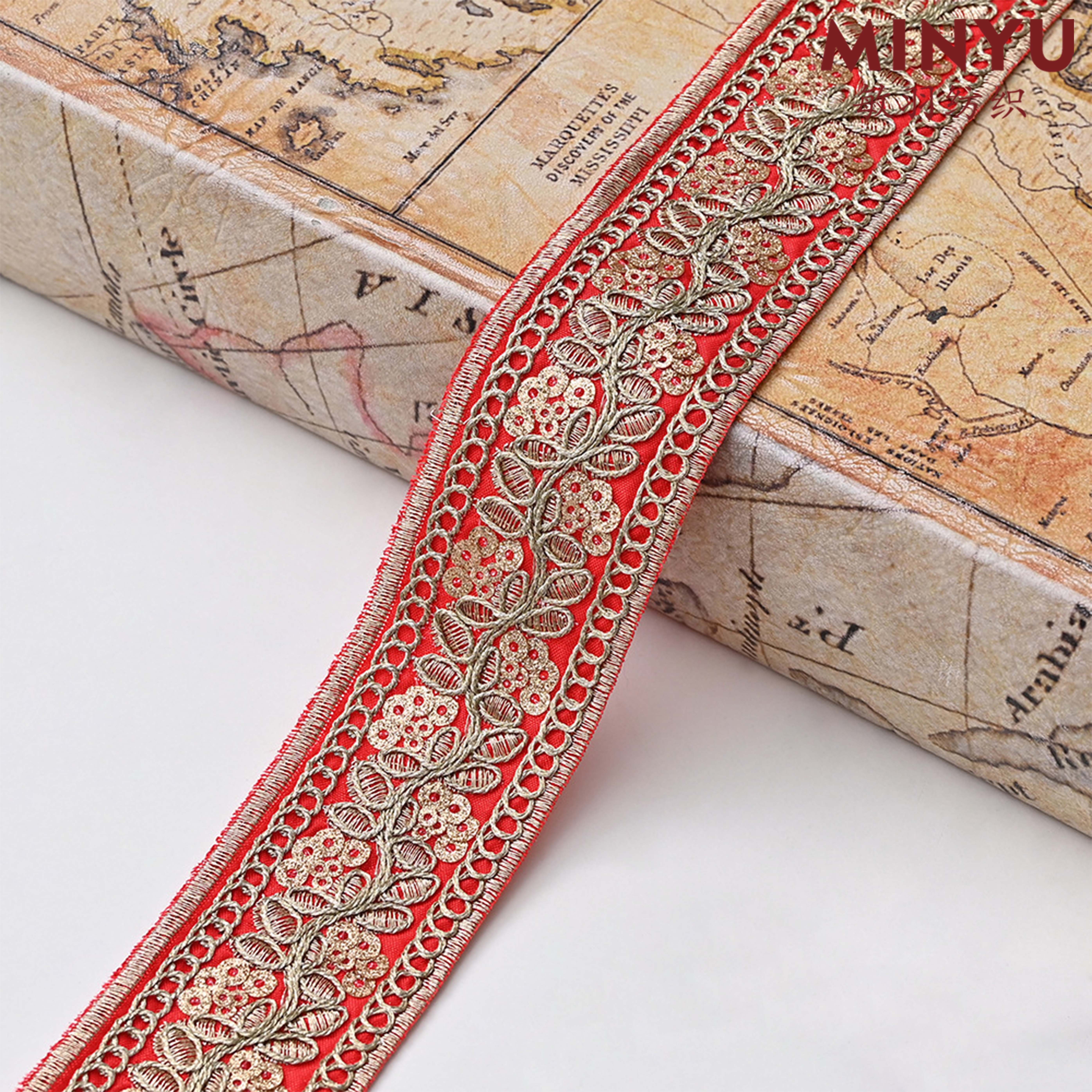 Wholesale Golden 4.2cm Ethnic Lace 100%Polyester Sequins Embroidery Curtain Lace Decorative Lace For Women's Dresses