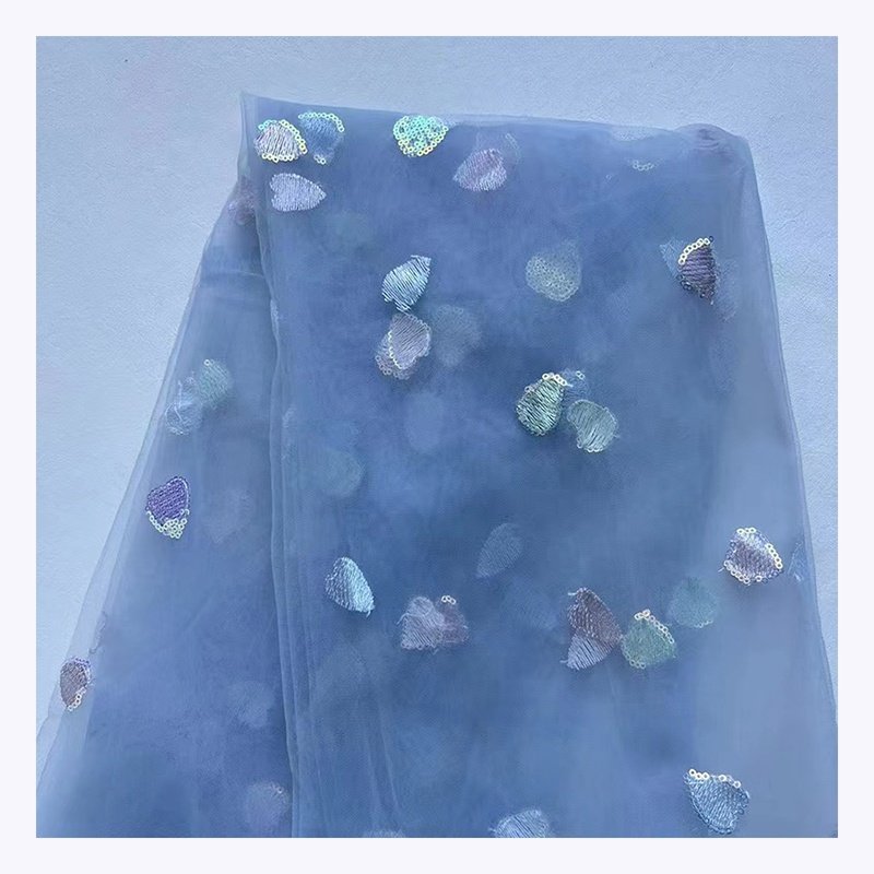 SCX004 Wholesale Embroidered Heart Shape Glitter Symphony Sequins Tulle Fabric Mesh for Kids Skirt