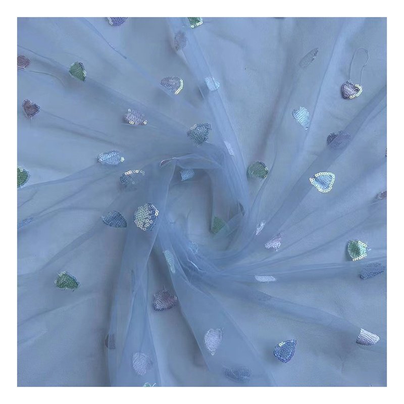 SCX004 Wholesale Embroidered Heart Shape Glitter Symphony Sequins Tulle Fabric Mesh for Kids Skirt
