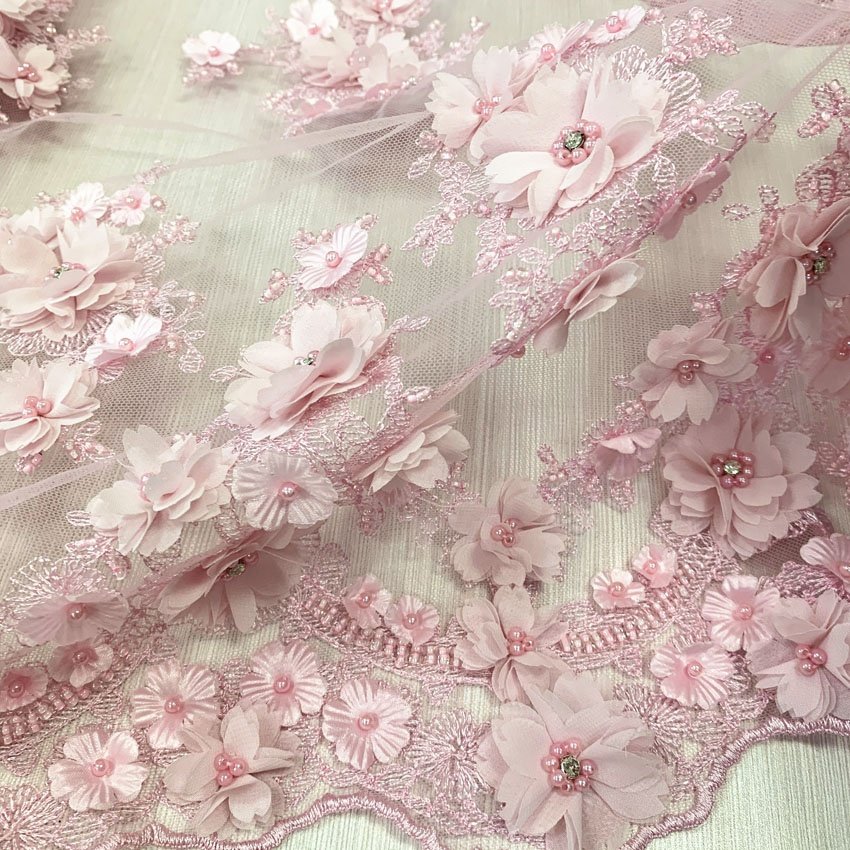 D#69 pink bridal 3d lace fabric with hand embroidery designs beaded sequin lace applique for wedding dress or party