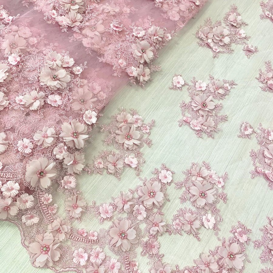 D#69 pink bridal 3d lace fabric with hand embroidery designs beaded sequin lace applique for wedding dress or party