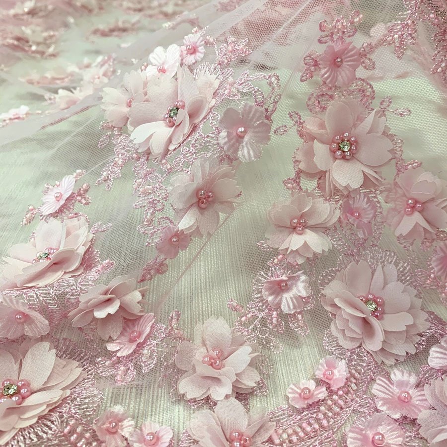D#69 pink bridal 3d lace fabric with hand embroidery designs beaded sequin lace applique for wedding dress or party