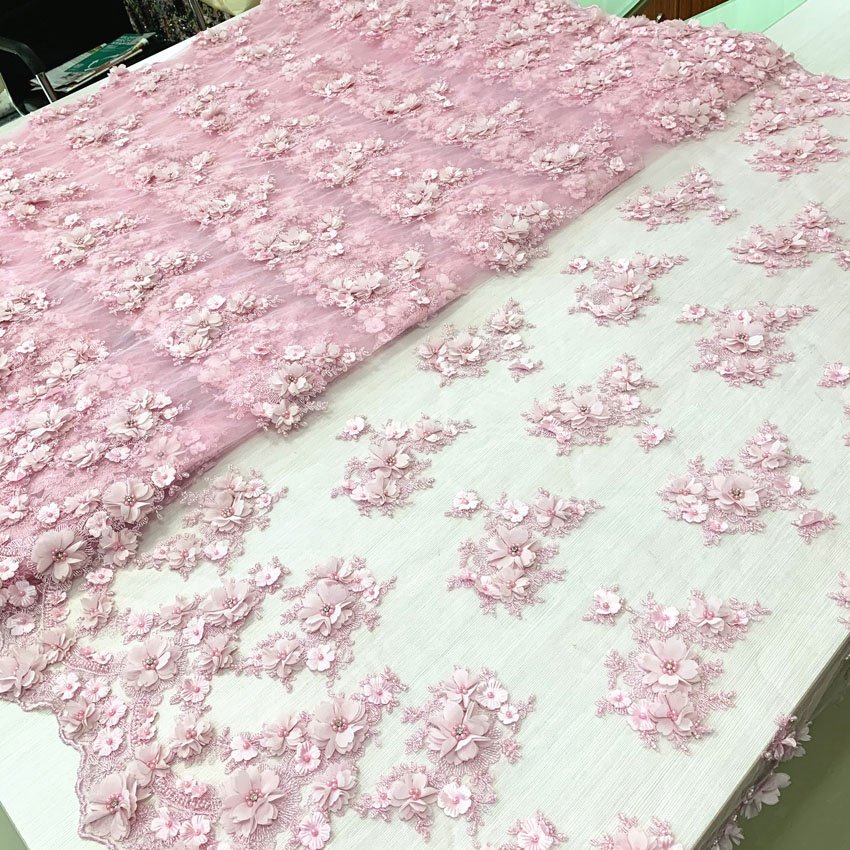 D#69 pink bridal 3d lace fabric with hand embroidery designs beaded sequin lace applique for wedding dress or party