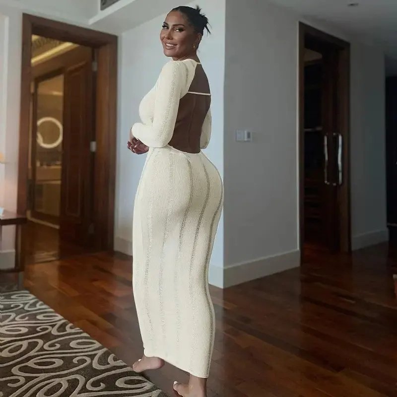Knitting Ribbed Solid O Neck Backless Elegant Maxi Tube Long Sleeve Women Dress