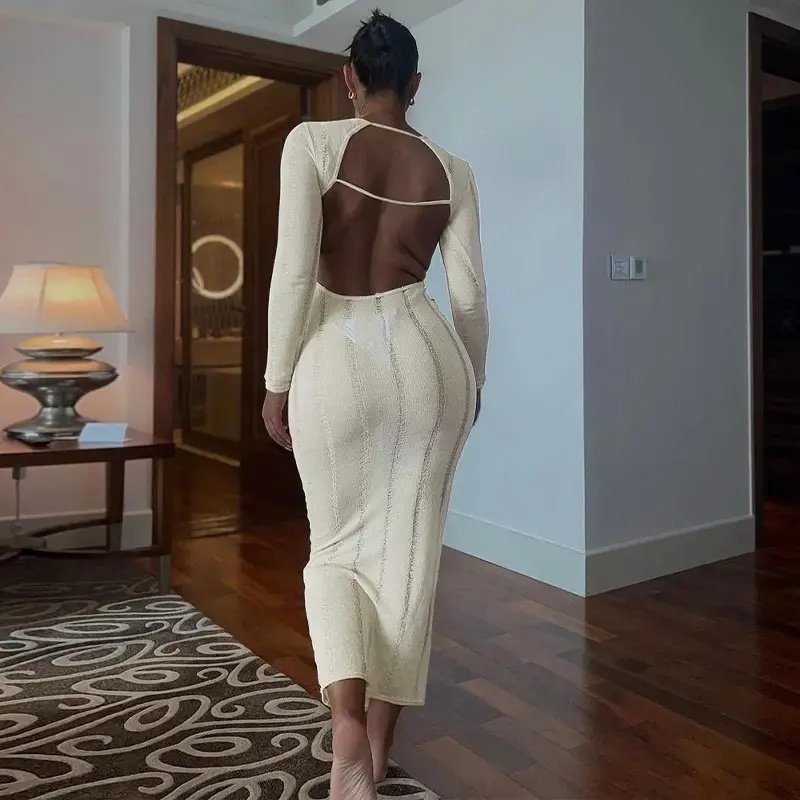 Knitting Ribbed Solid O Neck Backless Elegant Maxi Tube Long Sleeve Women Dress