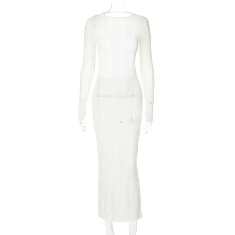 Knitting Ribbed Solid O Neck Backless Elegant Maxi Tube Long Sleeve Women Dress