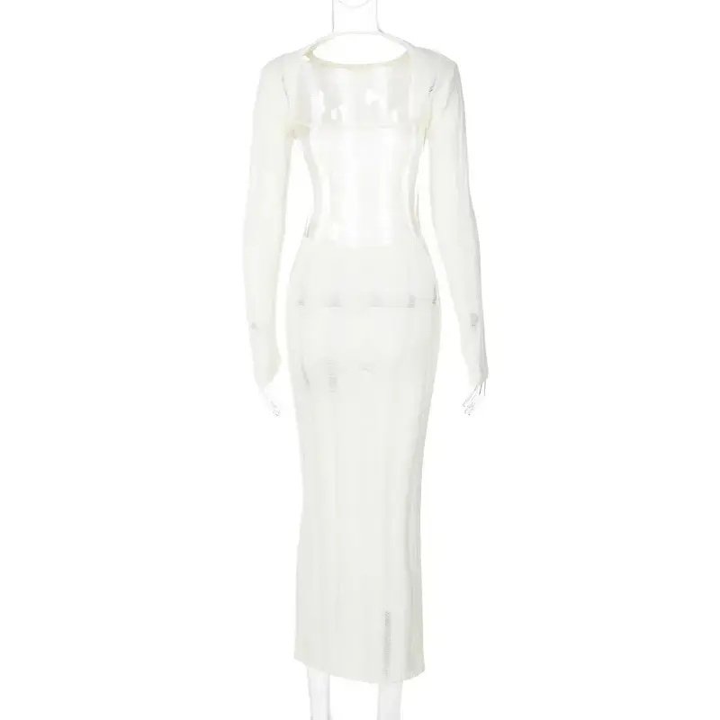 Knitting Ribbed Solid O Neck Backless Elegant Maxi Tube Long Sleeve Women Dress