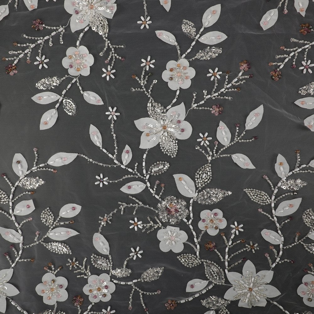 High Quality Wholesale Plant Flower Lace Sequin Embroidery Fabric Five-Leaf Grass Branches Style