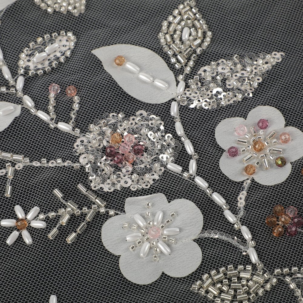 High Quality Wholesale Plant Flower Lace Sequin Embroidery Fabric Five-Leaf Grass Branches Style