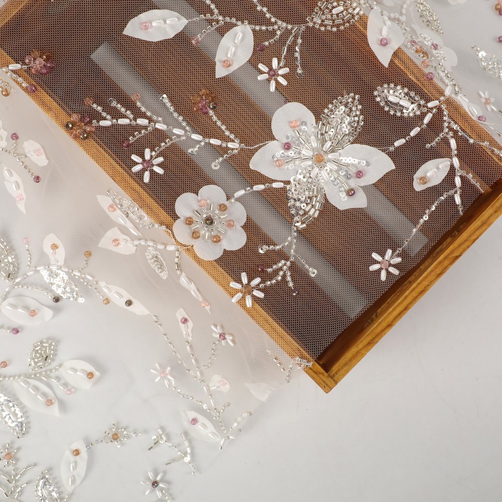 High Quality Wholesale Plant Flower Lace Sequin Embroidery Fabric Five-Leaf Grass Branches Style