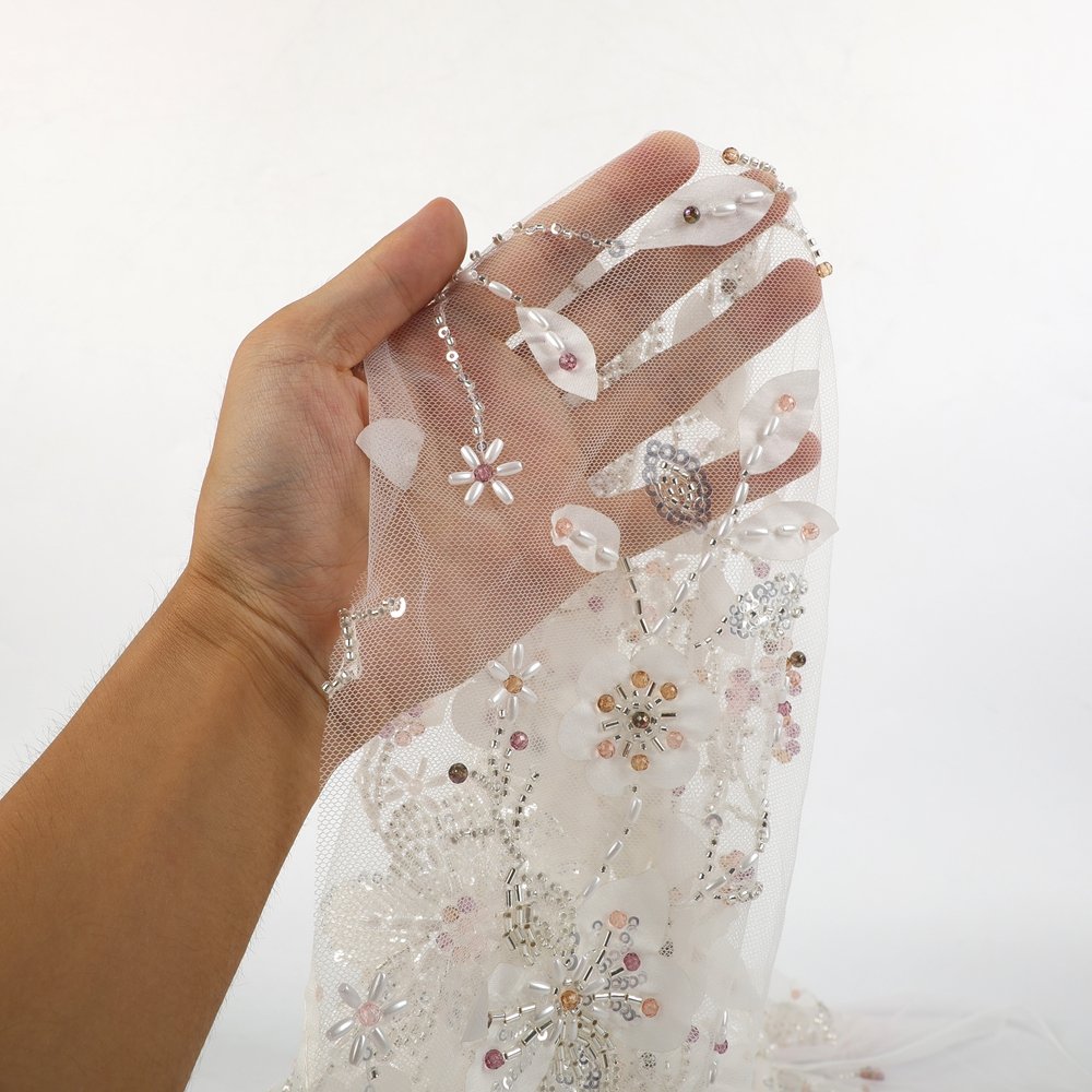 High Quality Wholesale Plant Flower Lace Sequin Embroidery Fabric Five-Leaf Grass Branches Style