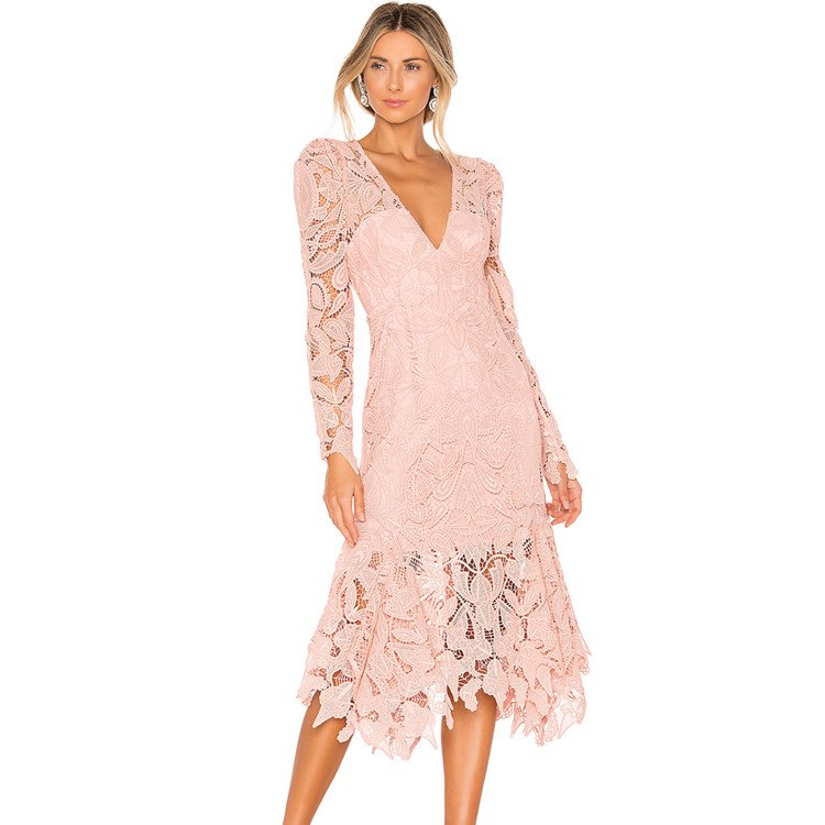 Sexy Women Clothing Casual Long Sleeve Lace Pink V-neck Ladies Long Lace Dress