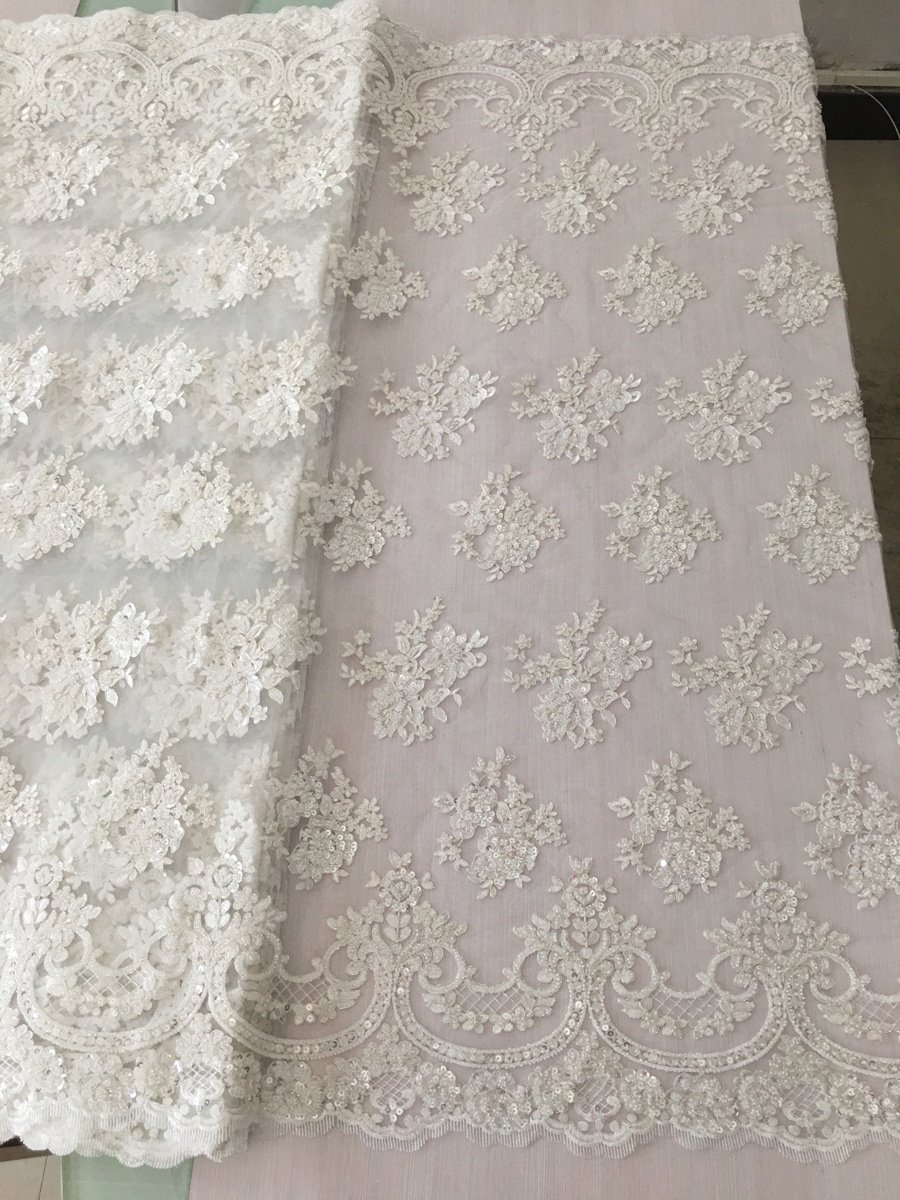 hot sale metallc corded beaded wedding lace fabric/fancy bridal lace fabric embroidery with machine beaded