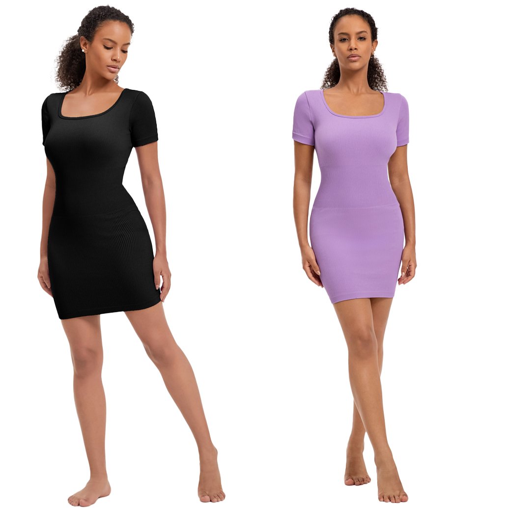 Custom Women's Seamless Bodycon Dress High Elastic Short Sleeves Square Neckline Slimming Shapewear Summer Casual
