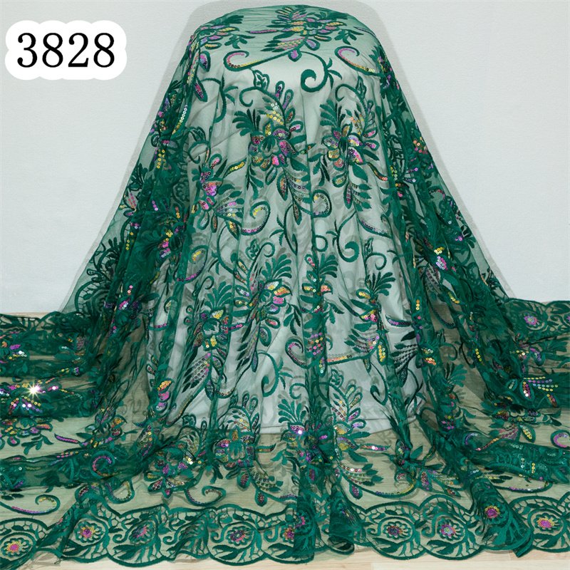3828 Green Cheap African Mesh Sequined Lace Fabric French Tulle Lace Fabric 2024 Nigerian Wedding Dress for Women Clothes