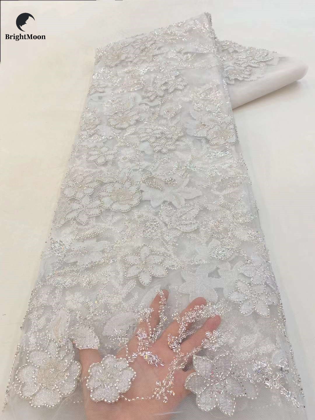 Mesh Heavy Beaded Embroidery Fabric With Glitter For Wedding Evening Dress Wedding Dress