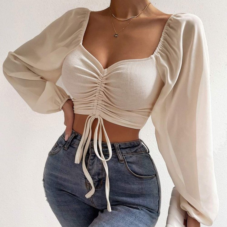 ladies drawstring mesh sleeve crop top plus size sexy ribbed knit crop tops for women 2022