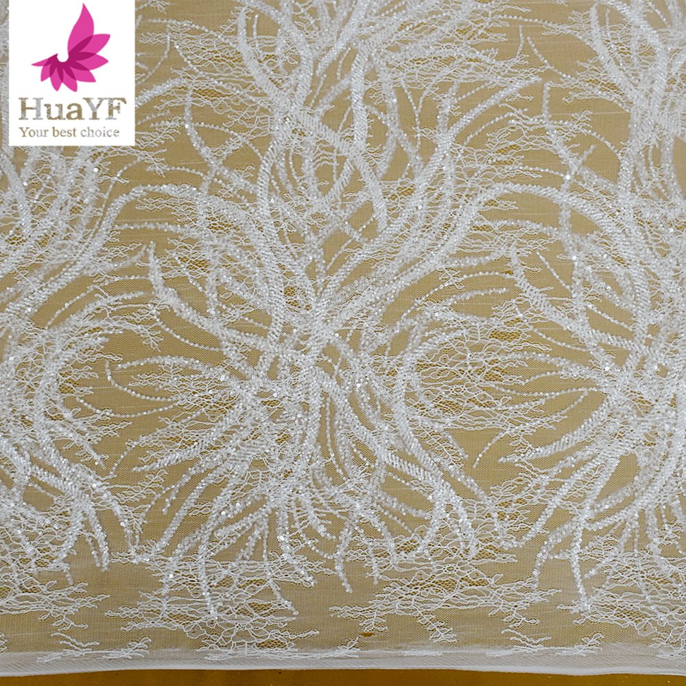 Top pure white embroidered Nigerian lace fabric sequin tulle Chantilly lace with beads simple wedding dress fabric HY2409