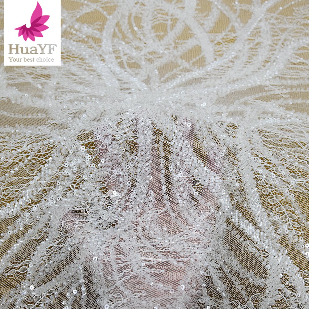 Top pure white embroidered Nigerian lace fabric sequin tulle Chantilly lace with beads simple wedding dress fabric HY2409