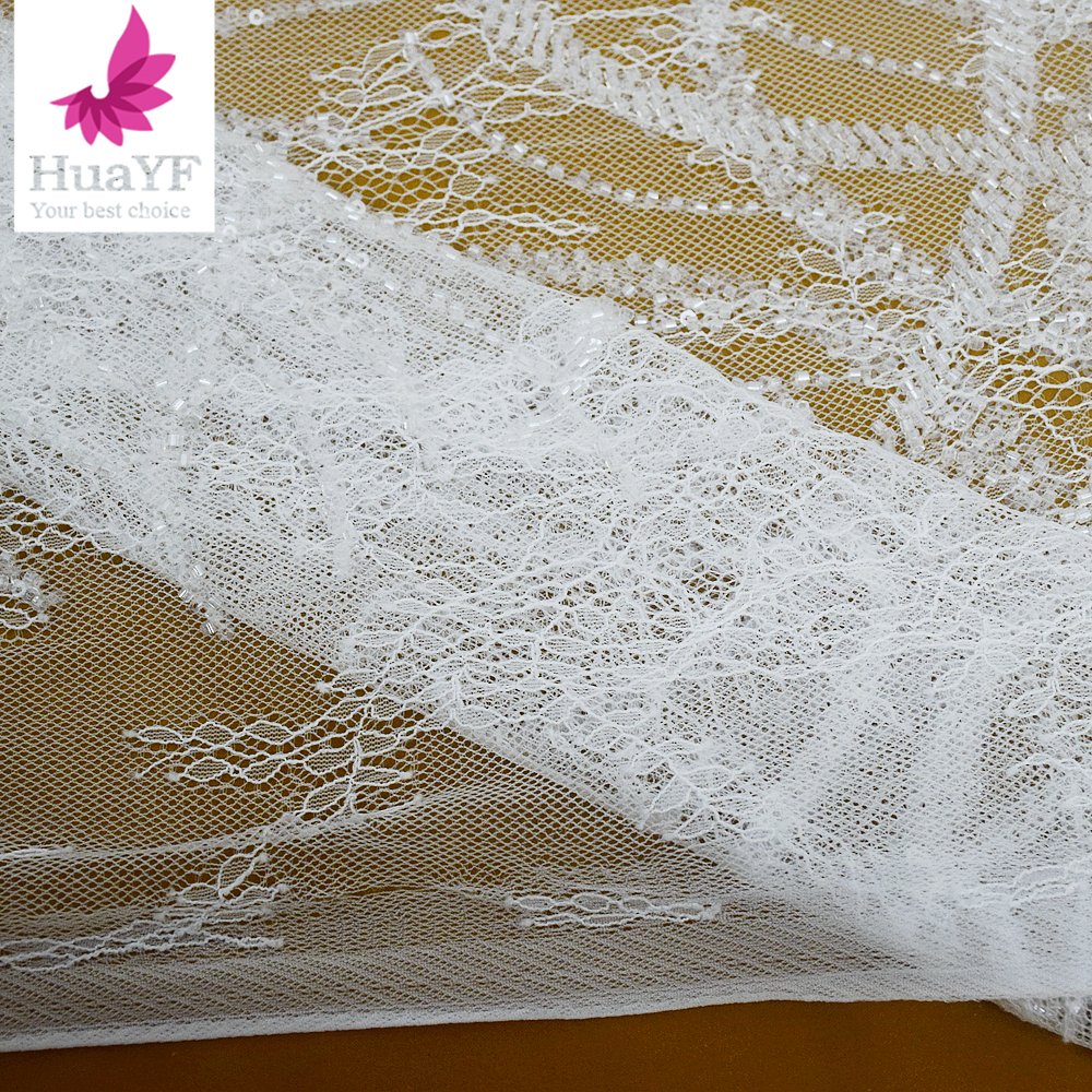 Top pure white embroidered Nigerian lace fabric sequin tulle Chantilly lace with beads simple wedding dress fabric HY2409
