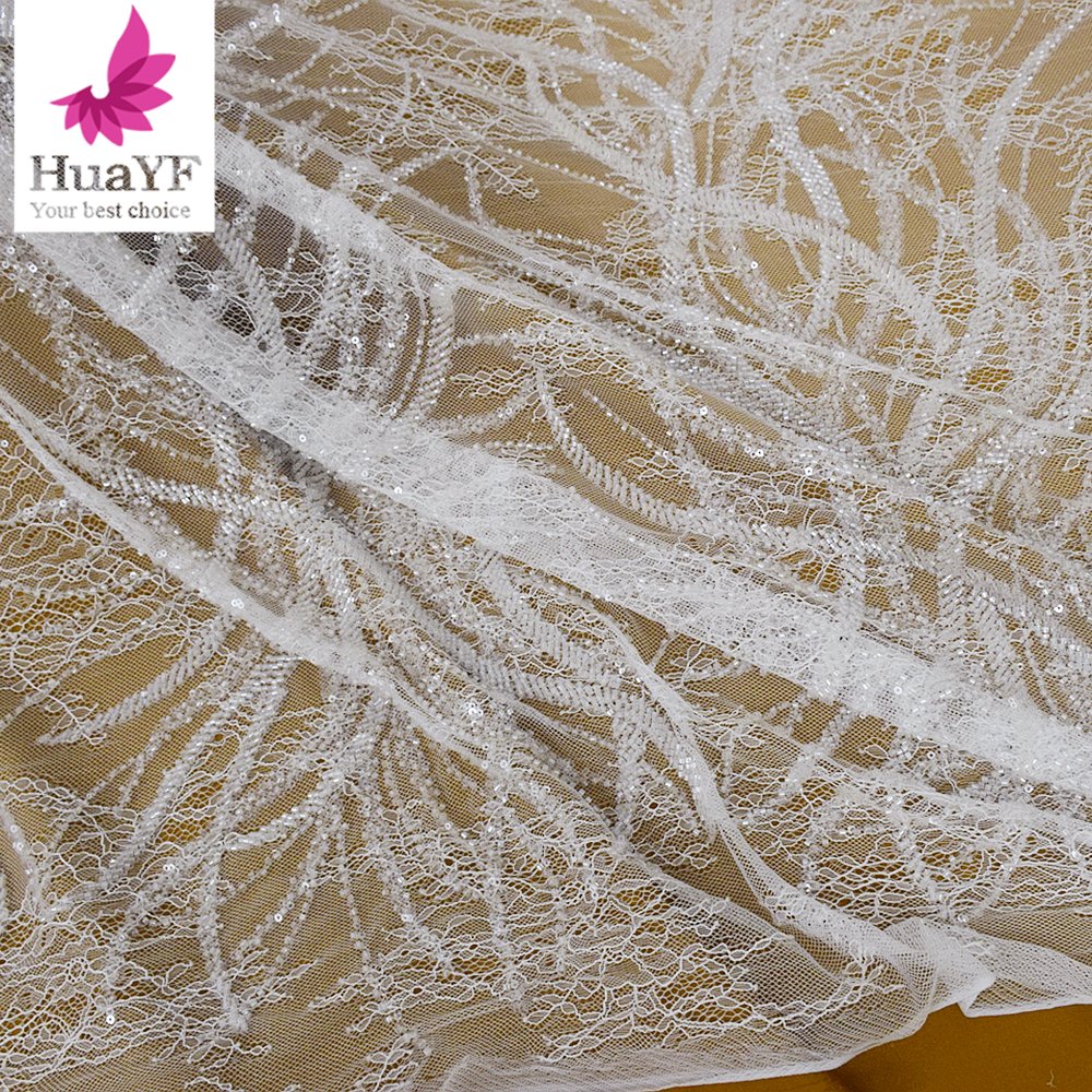 Top pure white embroidered Nigerian lace fabric sequin tulle Chantilly lace with beads simple wedding dress fabric HY2409