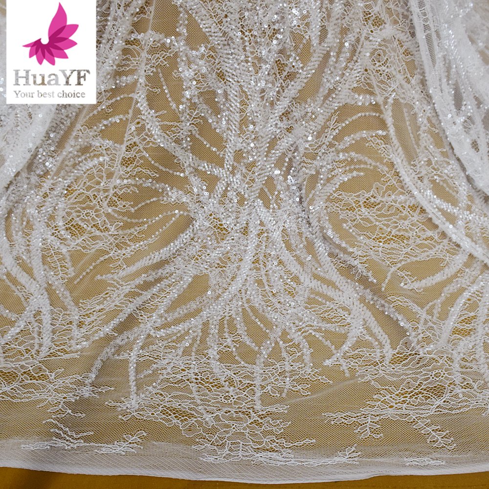 Top pure white embroidered Nigerian lace fabric sequin tulle Chantilly lace with beads simple wedding dress fabric HY2409