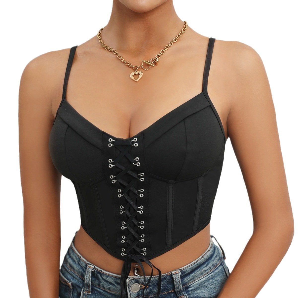 chuangerm 2024 Summer new arrivals Cool Street Spicy Girl Wind Fish Bone INS Cross Lace Up Outer Wear Diamond Slim Fit Tank Top