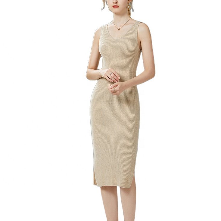 Custom plain knit cashmere dress sleeveless sexy women rib knitted sweater dress for women