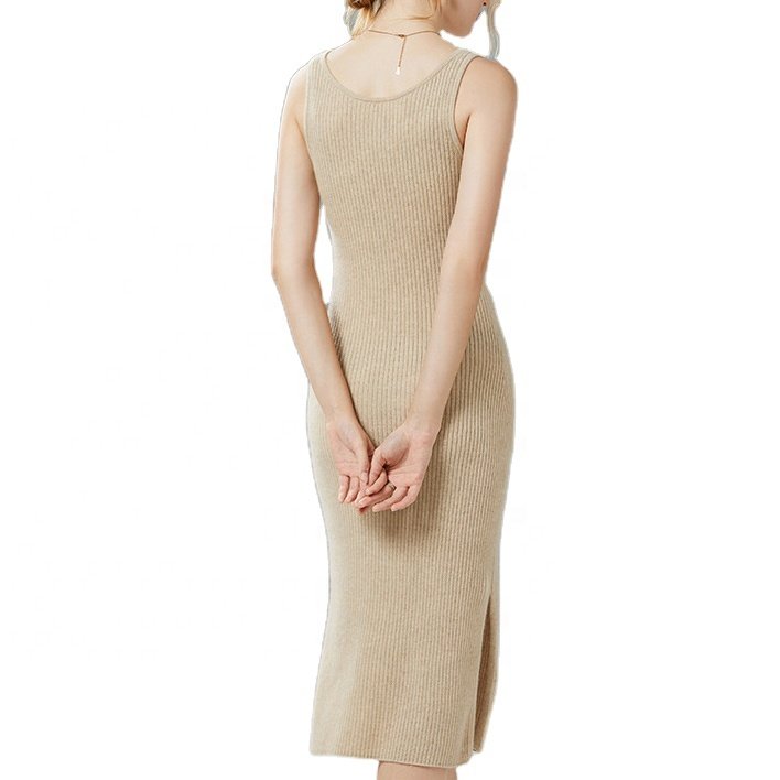 Custom plain knit cashmere dress sleeveless sexy women rib knitted sweater dress for women