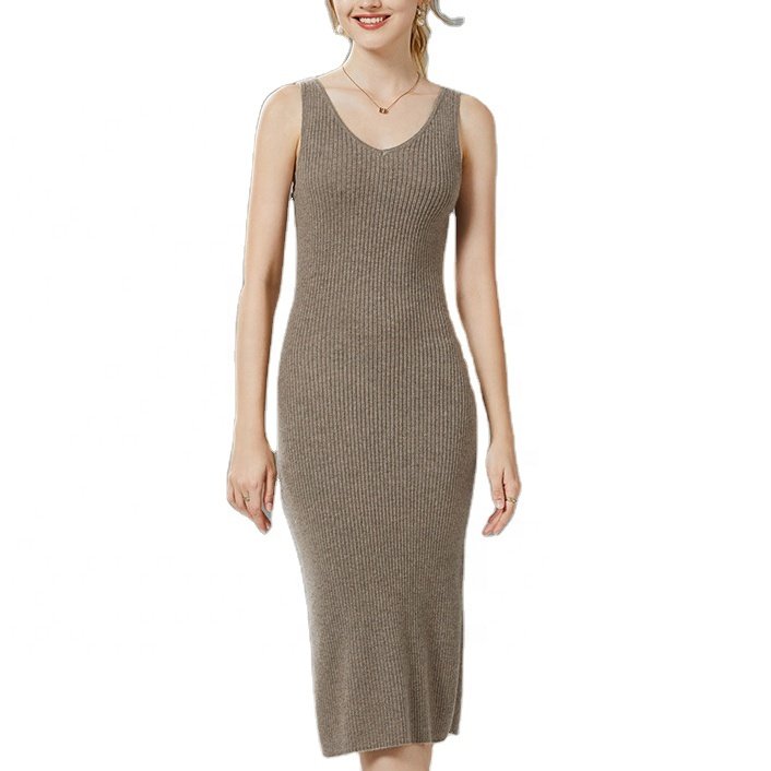 Custom plain knit cashmere dress sleeveless sexy women rib knitted sweater dress for women