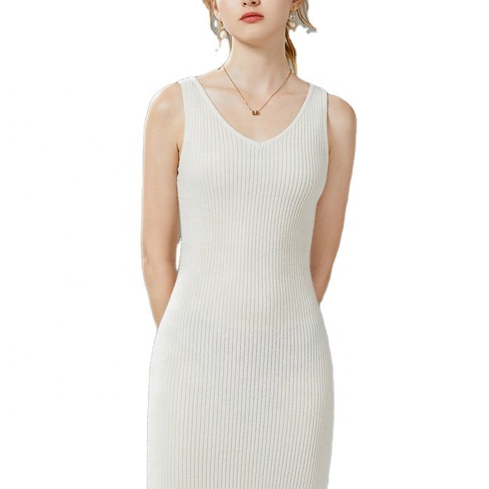 Custom plain knit cashmere dress sleeveless sexy women rib knitted sweater dress for women