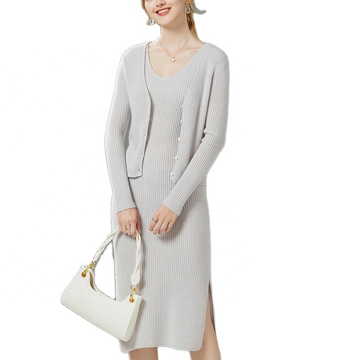 Custom plain knit cashmere dress sleeveless sexy women rib knitted sweater dress for women