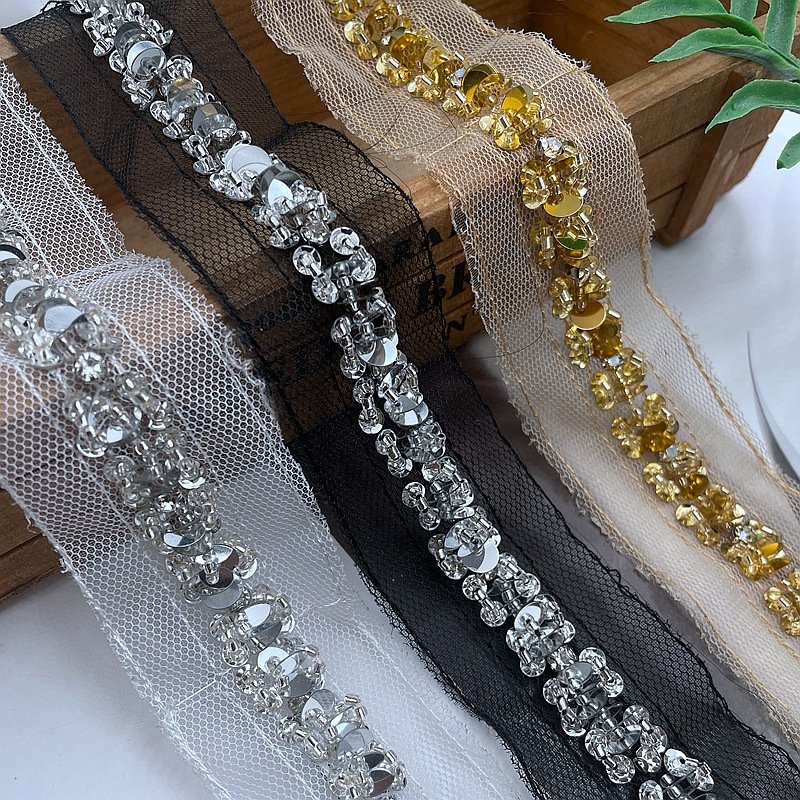 width 4 cm Handmade Shiny gold Diamond lace ribbon beads Sequins tulle mesh lace trim for dress clothing decoration