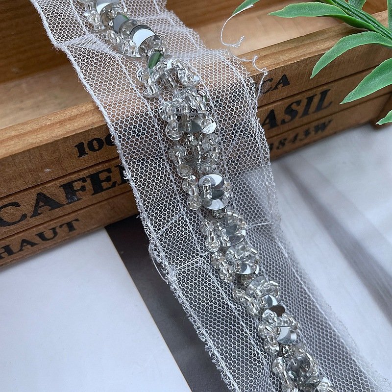 width 4 cm Handmade Shiny gold Diamond lace ribbon beads Sequins tulle mesh lace trim for dress clothing decoration