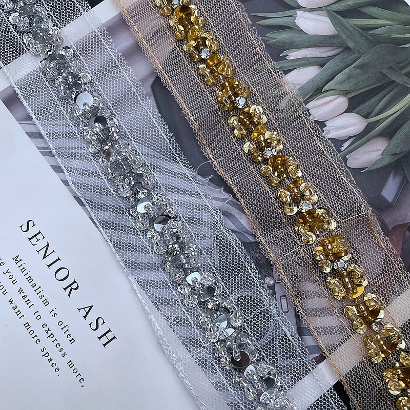 width 4 cm Handmade Shiny gold Diamond lace ribbon beads Sequins tulle mesh lace trim for dress clothing decoration