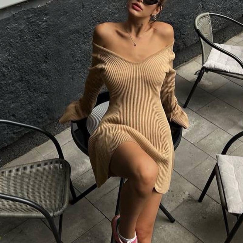 New Fashion Women Sweater Off The Shoulder Sexy Casual Dress Elegant Ribbed Knit A-Line Mini Casual Dress