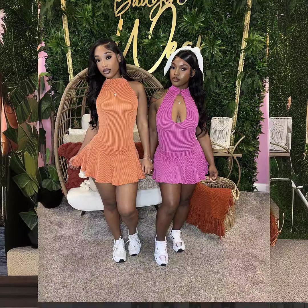Woman Clothes Rib Slim Fit Dress Sleeveless Women Ruffles Pleated Dresses With Shorts